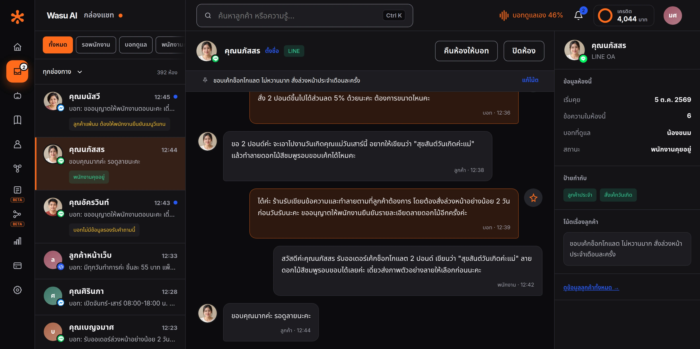 หน้ากล่องแชต Wasu AI ที่รวมข้อความจาก LINE, Facebook, Instagram และเว็บไซต์ พร้อมคำตอบที่ AI ตอบให้